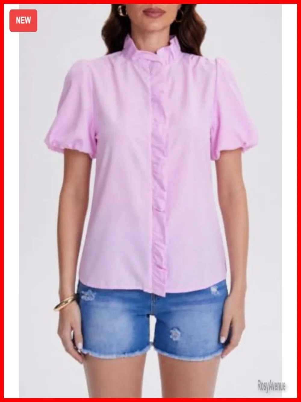 Short Puff Sleeve Button Down Blouse Ruffle Stand Collar Business Casual Preppy - Picture 3 of 6